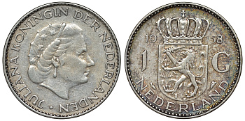 Нидерланды 1 гульден 1958 Юлиана (1948-1980) KM 184 серебро 71-1133