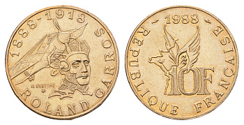 Франция 10 франков 1988 100 лет со дня рождения Ролан Гарроса (1888-1918) KM 965, Le Franc 372.3 никель латунь UNC 08-816