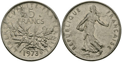 Франция 5 франков 1973 KM 926a медно-никель плакированный никелем 4120-441