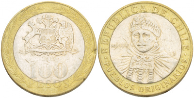 Чили 100 песо 2005 индейцы Мапуче KM 236 биметалл 4539-1154