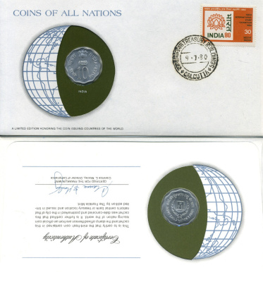 ИНДИЯ 10 ПАЙСОВ 1979 КОНВЕРТ С МАРКОЙ ПЕРВОГО ДНЯ ГАШЕНИЯ, COINS OF NATIONS KM 33 алюминий UNC 4294-14-2