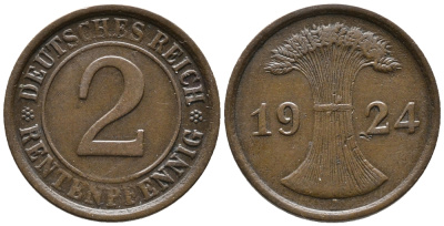 ГЕРМАНИЯ 2 РЕНТЕНПФЕННИГА 1924 A KM 31, J. 307 бронза 24-525