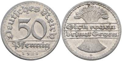 Германия 50 пфеннигов 1921 D KM 27, J.301, Weege 10 алюминий UNC 4584-741