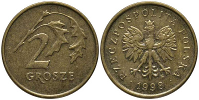 Польша 2 гроша 1998 MW KM 277, Parchimowicz 702e латунь 201-368