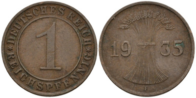 Германия 1 рейхспфенниг 1935 F KM 37, J. 313 бронза 4124-834