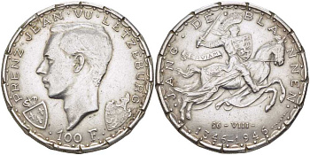 ЛЮКСЕМБУРГ 100 ФРАНКОВ 1946 ШАРЛОТТА, 600 ЛЕТ СМЕРТИ ИОАННА СЛЕПОГО ЛЮКСЕМБУРГСКОГО KM 49 серебро 1524-1033