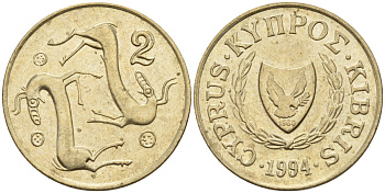 Кипр 2 цента 1994 KM 54.3 никель латунь 4174-1266