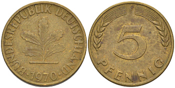 ФРГ 5 пфеннигов 1970 F KM 107, J. 382 сталь плакированная латунью 4514-552