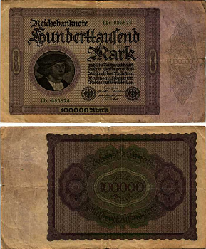 ГЕРМАНИЯ 100000 МАРОК 1923 1 ФЕВРАЛЯ 1923, НЕМЕЦКИЙ ХУДОЖНИК ГАНС ГОЛЬБЕЙН (1497-1543), БЕЗ БУКВЫ Т ПОД ПОРТРЕТОМ Pick 83а бумага 7547-92-3