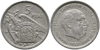 ИСПАНИЯ 5 ПЕСЕТ 1957 (58) ФРАНСИСКО ФРАНКО ДИКТАТОР ИСПАНИИ (1939-1975) KM 786 медно-никель 110-951