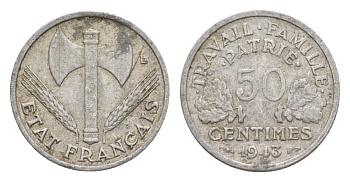 Франция 50 сантимов 1943 Тип Francisque, Lourde, правительство Виши KM 914.1, Le Franc 196.1 алюминий 4630-414