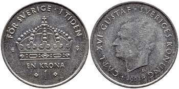 Швеция 1 крона 2002 Карл XVI Густав (1973- ) KM 894 медно-никель 4110-927