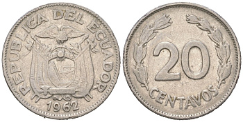 Эквадор 20 сентаво 1962 KM 77.1c сталь плакированная никелем 4611-454