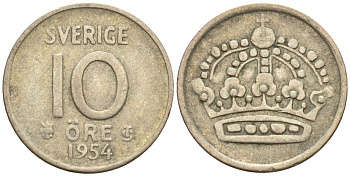 Швеция 10 эре 1954 Густав VI Адольф (1950-1973) KM 823 серебро 4147-911