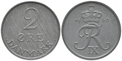 Дания 2 эре 1960 C; S, Фредерик IX (1947-1972) KM 840.2 цинк UNC 34-513