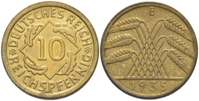 ГЕРМАНИЯ 10 РЕЙХСПФЕННИГОВ 1935 E KM 40, J. 317, Weege 9 алюминиевая бронза 210-416