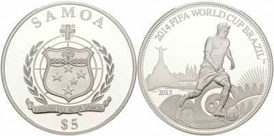 Самоа 5 тала 2013 FIFA, Чемпионат мира по футболу в Бразилии 2014 KM NEW серебро PROOF 11-078-44