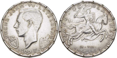 ЛЮКСЕМБУРГ 100 ФРАНКОВ 1946 ШАРЛОТТА, 600 ЛЕТ СМЕРТИ ИОАННА СЛЕПОГО ЛЮКСЕМБУРГСКОГО KM 49 серебро 1524-1033