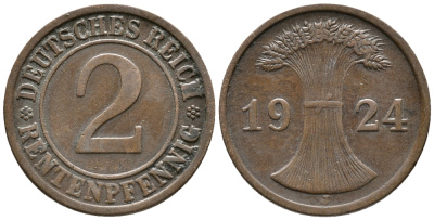 ГЕРМАНИЯ 2 РЕНТЕНПФЕННИГА 1924 J KM 31, J. 307 бронза 24-633