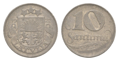 Латвия 10 сантимов 1922 год-тип KM 4 никель 4658-1241