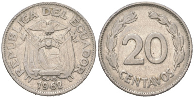 Эквадор 20 сентаво 1962 KM 77.1c сталь плакированная никелем 4611-454