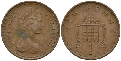 Великобритания 1 пенни 1971 Елизавета II (1952-2022) KM 915, Spink 4237 (B1) бронза 4152-415