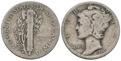 США 10 центов (дайм) 1936 D KM 140 серебро 3334-1211