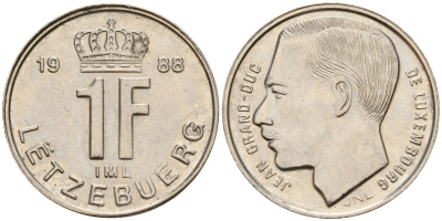 Люксембург 1 франк 1988 KM 63 сталь плакированная никелем 4597-1145