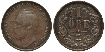 Швеция 1 эре 1871 L.A., Карл XV (1859-1872) KM 705 бронза 26-1161