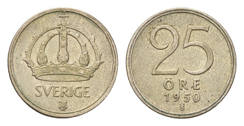 Швеция 25 эре 1950 TS, Густав V (1907-1950) KM 813 серебро 4685-1167
