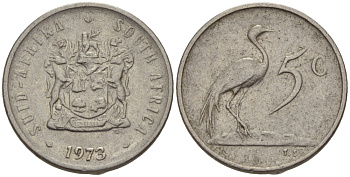 ЮАР 5 центов 1973 герб, райский журавль KM 84 никель 66-328
