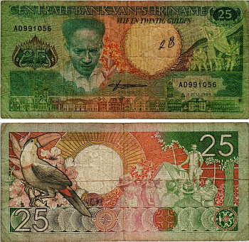 Суринам 25 гульденов 1986 Антон де Ком, тукан на ветке Pick 132 а бумага 6281-48-2-2