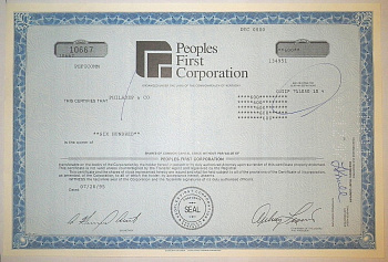 США, PEOPLES FIRST CORPORATION 600 акций 1995 бумага 8805-56-1