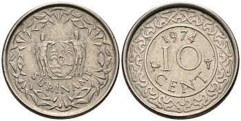 Суринам 10 центов 1974 KM 13 медно-никель 4585-852