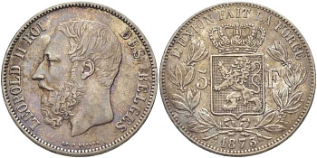Бельгия 5 франков 1873 Леопольд II (1865-1909), позиция А KM 24 серебро 5010-1011