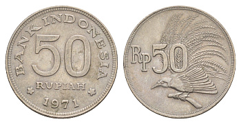 Индонезия 50 рупий 1971 райская птица KM 35 медно-никель UNC 4637-417