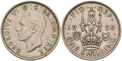 Великобритания 1 шиллинг 1950 Георг VI (1936-1952), Шотландский герб KM 877, Spink 4109 медно-никель 4126-415
