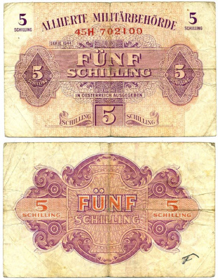 АВСТРИЯ 5 ШИЛЛИНГОВ 1944 ОККУПАЦИЯ СОЮЗНИКОВ, ВТОРАЯ МИРОВАЯ ВОЙНА Pick 105 бумага 3295-6-1-1
