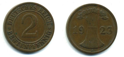 ГЕРМАНИЯ 2 РЕНТЕНПФЕННИГА 1923 J KM 31, J. 307 бронза 56-936