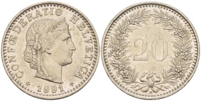 ШВЕЙЦАРИЯ 20 РАППЕНОВ 1991 В KM 29а медно-никель 4544-734