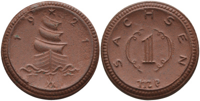 Саксония 1 марка 1921 парусник J. N 55 фарфор 1094-4-23