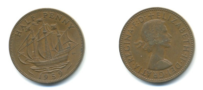 Великобритания 1/2 пенни 1959 Елизавета II (1952-2022) KM 896, Spink 4158 бронза 59-1114