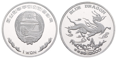 КНДР (Северная Корея) 1 вона 2000 синий дракон KM 127a алюминий PROOF 1521-721