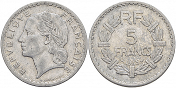Франция 5 франков 1945 KM 888b.1, Le Franc 339.3 алюминий 4403-215