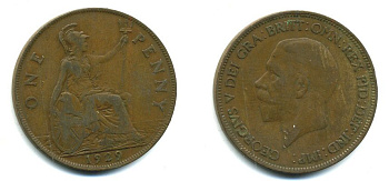 Великобритания 1 пенни 1929 Георг V (1910-1936) KM 838, Spink 4055 бронза 41-947