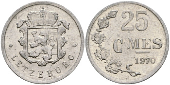 Люксембург 25 сантимов 1970 Герцог Жан (1964-1999) KM 45a.1 алюминий 4136-527