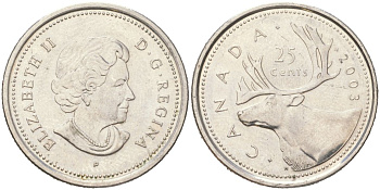 Канада 25 центов 2003 P, Елизавета II, олень KM 493 сталь плакированная никель aUNC 4143-353