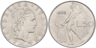 Италия 50 лир 1956 R, бог огня Вулкан у наковальни KM 95.1 нержавеющая сталь 73-333
