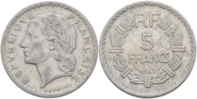 Франция 5 франков 1945 KM 888b.1, Le Franc 339.3 алюминий 4403-215