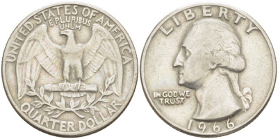 США 25 центов (квотер) 1966 Вашингтон KM 164a медь плакированная медно-никелем 3457-746